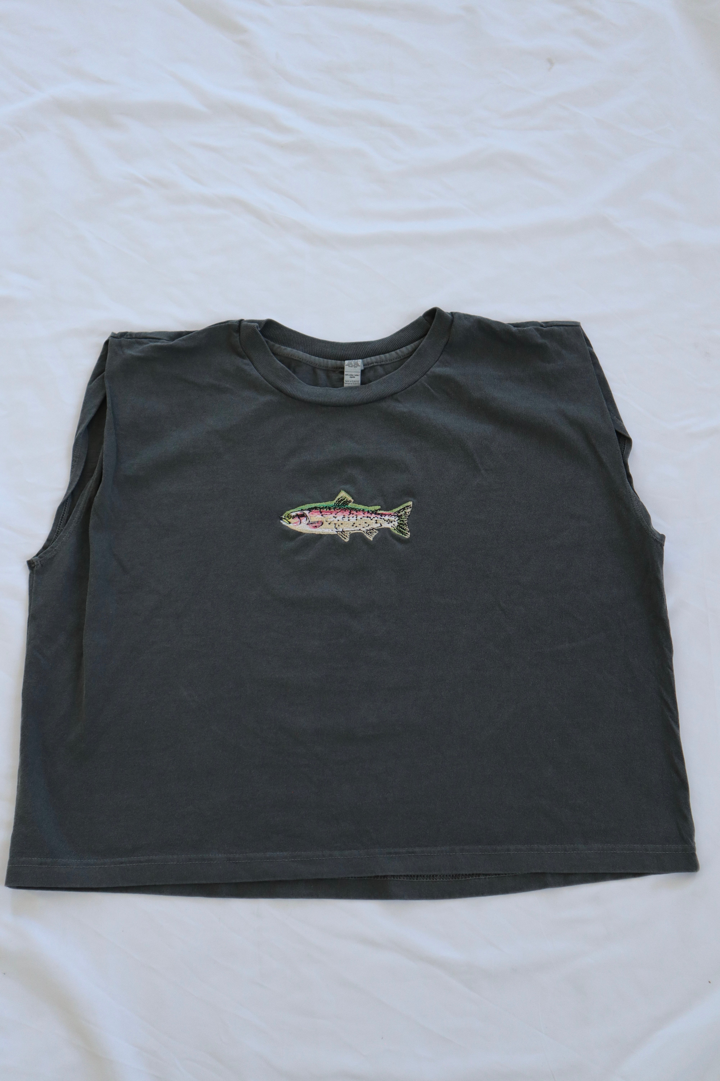 Embroidered Trout Fish Cropped Muscle Tee, Tank Top, Crop Fit, Unisex, Adult