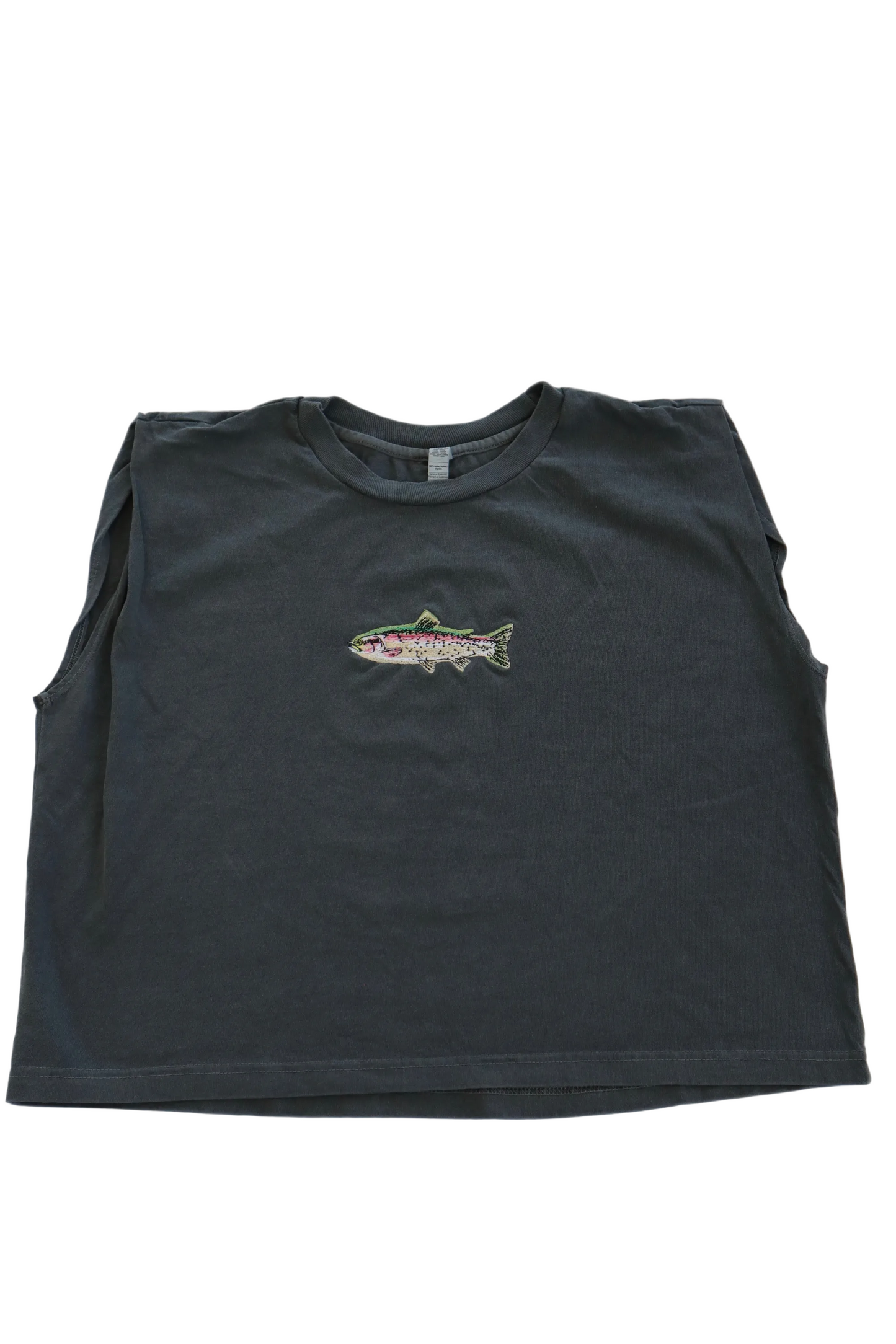 Embroidered Trout Fish Cropped Muscle Tee, Tank Top, Crop Fit, Unisex, Adult