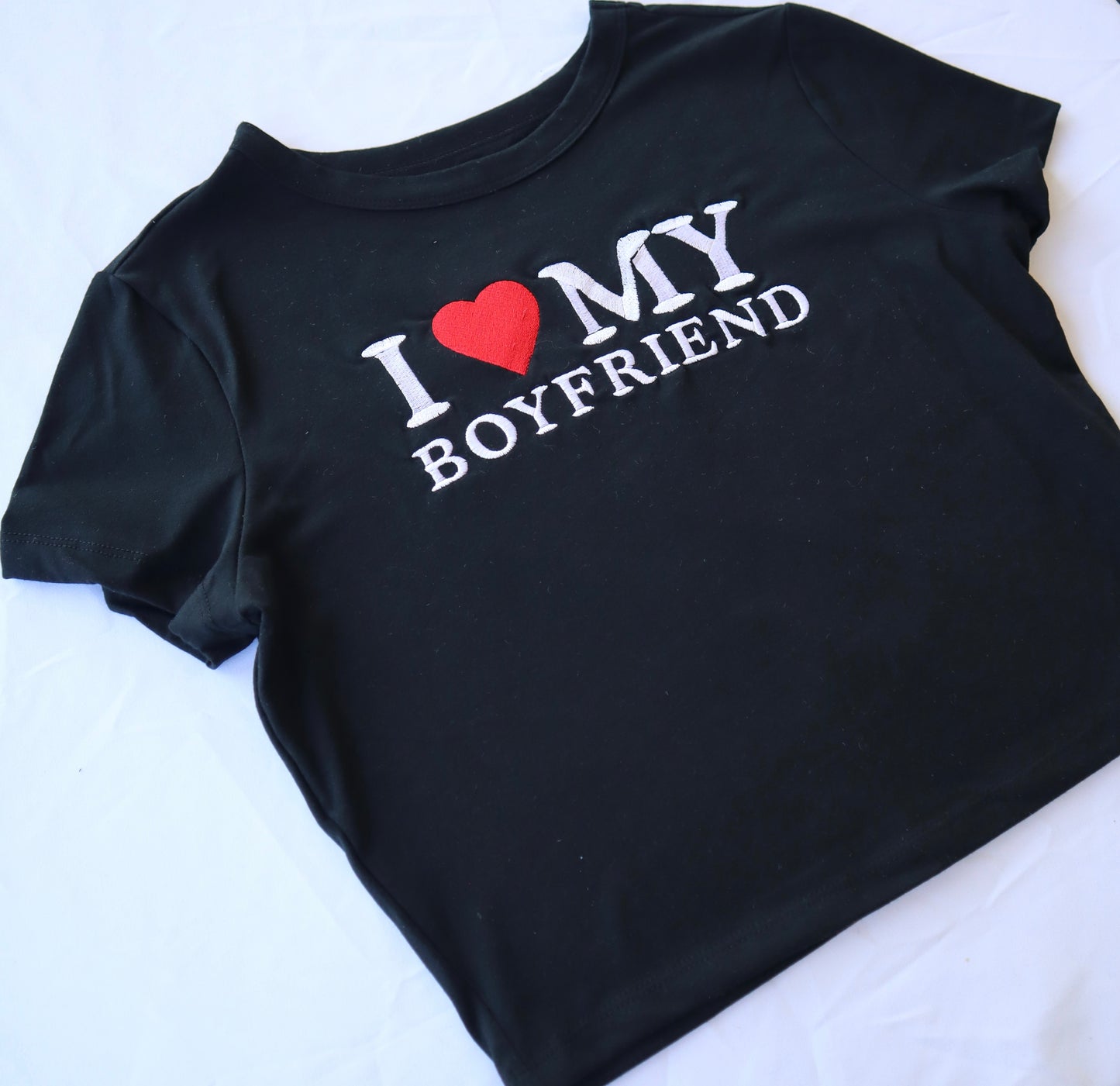 Embroidered ‘I Heart My Boyfriend’ Cropped Short Sleeve T-Shirt, Petite Fit, Adult Female