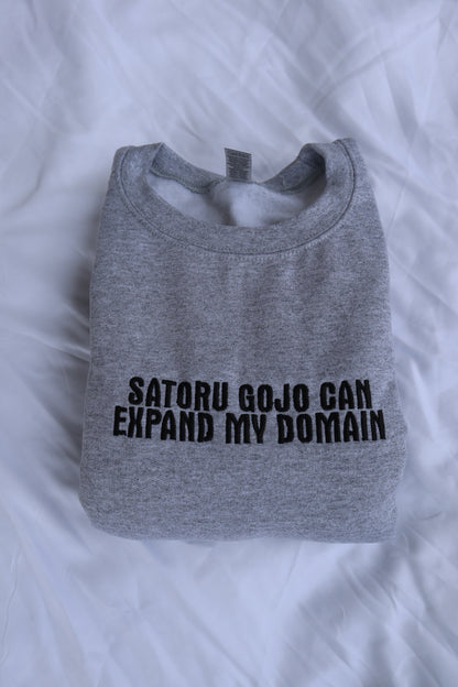 Embroidered 'Satoru Gojo can expand my domain' Hoodie or Crew Neck, Long Sleeve, Classic fit, Unisex, Adult