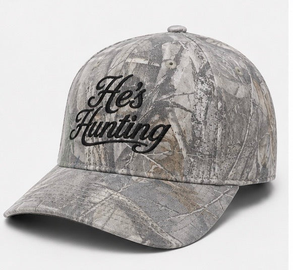 Embroidered He's Hunting Camo Snapback