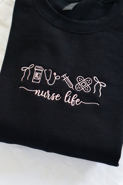 Embroidered 'Nurse Life Bow' Hoodie or Crew Neck, Long Sleeve, Classic fit, Unisex, Adult