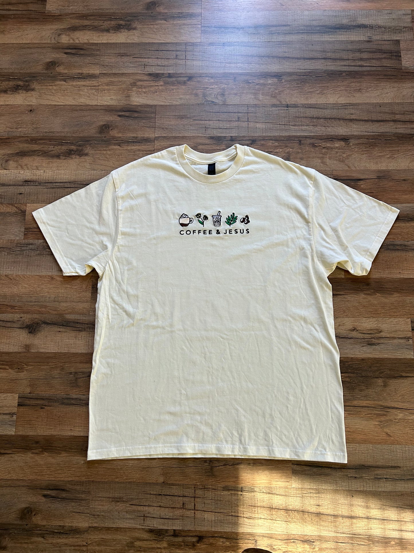 Embroidered Coffee and Jesus, Easter, Short Sleeve, Modern Classic Fit, Unisex, Adult T-Shirt
