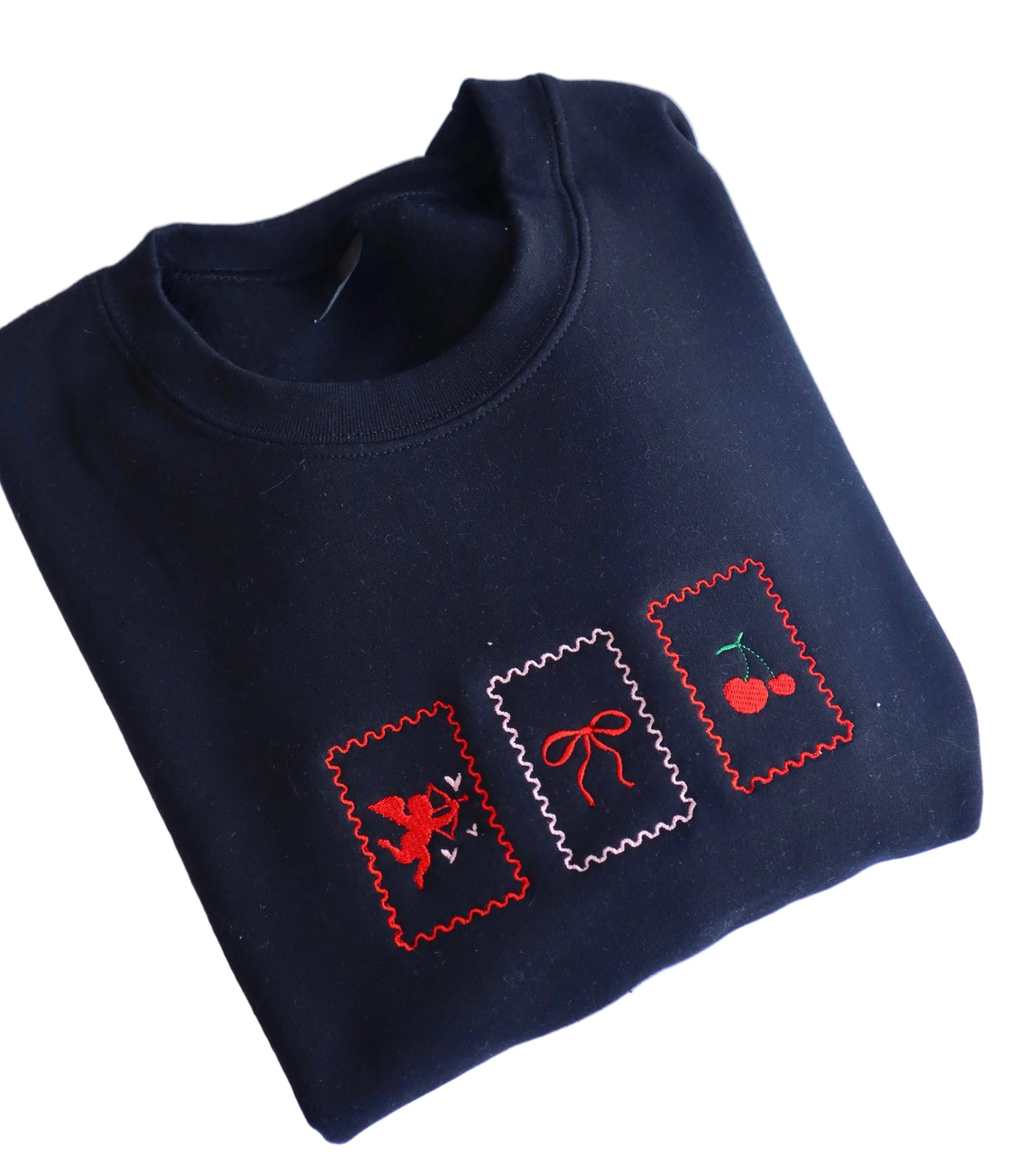 Embroidered Valentine's Day "Valentine's Postage, Angel, Bow, Cherries", Hoodie or Crew Neck, Long Sleeve, Classic fit, Unisex, Adult