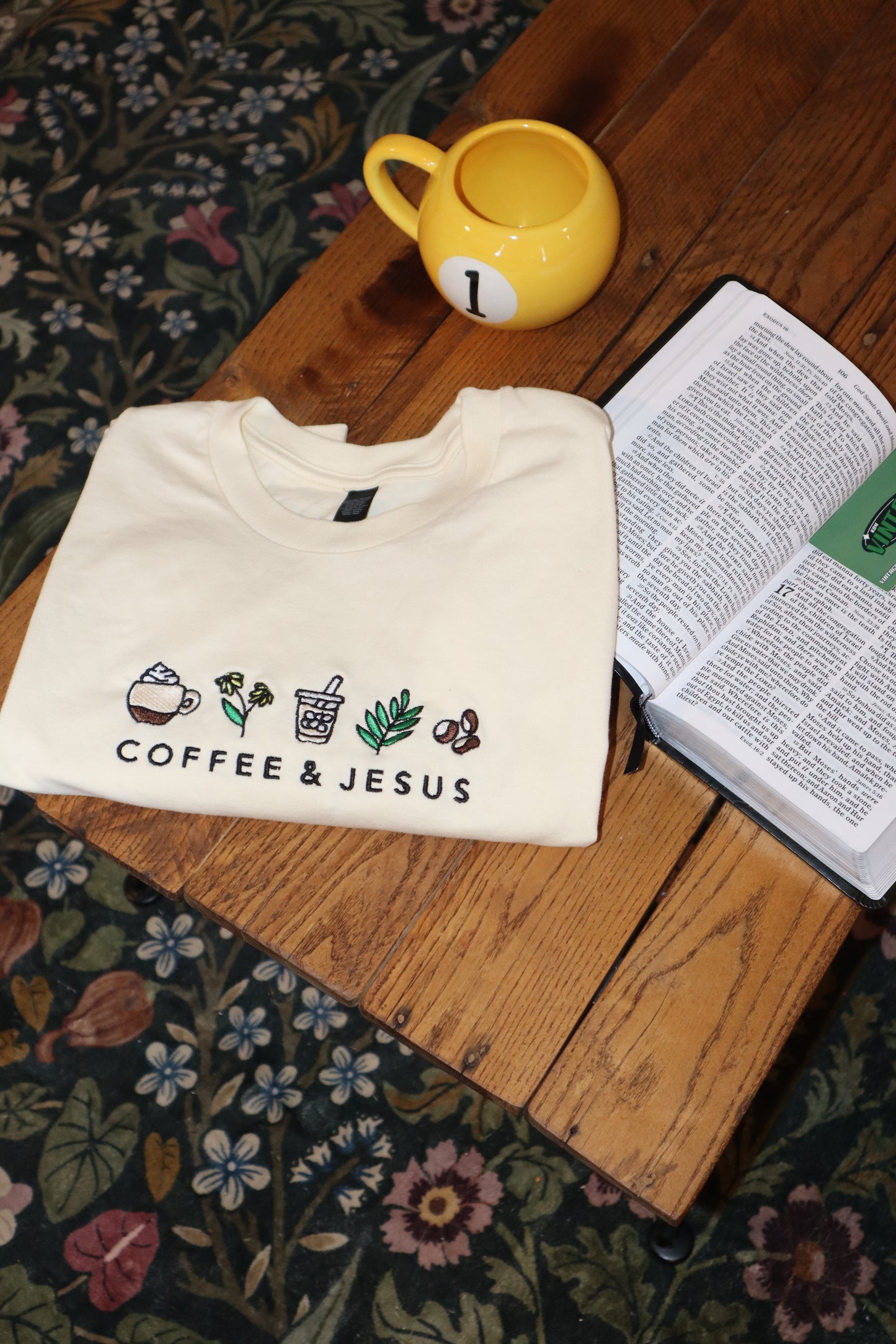 Embroidered Coffee and Jesus, Easter, Short Sleeve, Modern Classic Fit, Unisex, Adult T-Shirt
