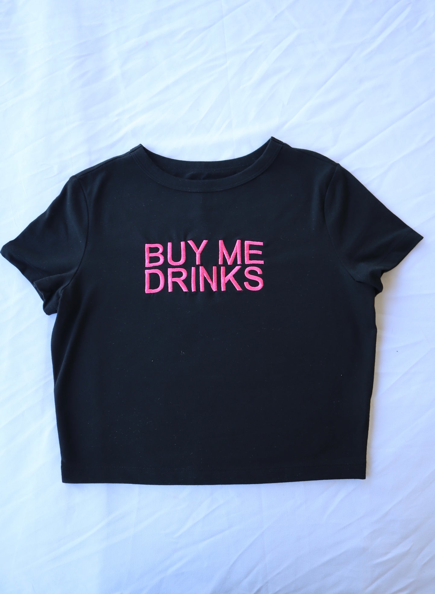 Embroidered ‘Buy Me Drinks’ Cropped, Short Sleeve, Petite fit, Adult, Female, T-Shirt