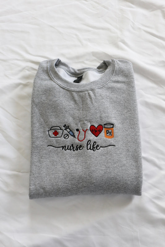 Embroidered 'Nurse Life Color' Hoodie or Crew Neck, Long Sleeve, Classic fit, Unisex, Adult