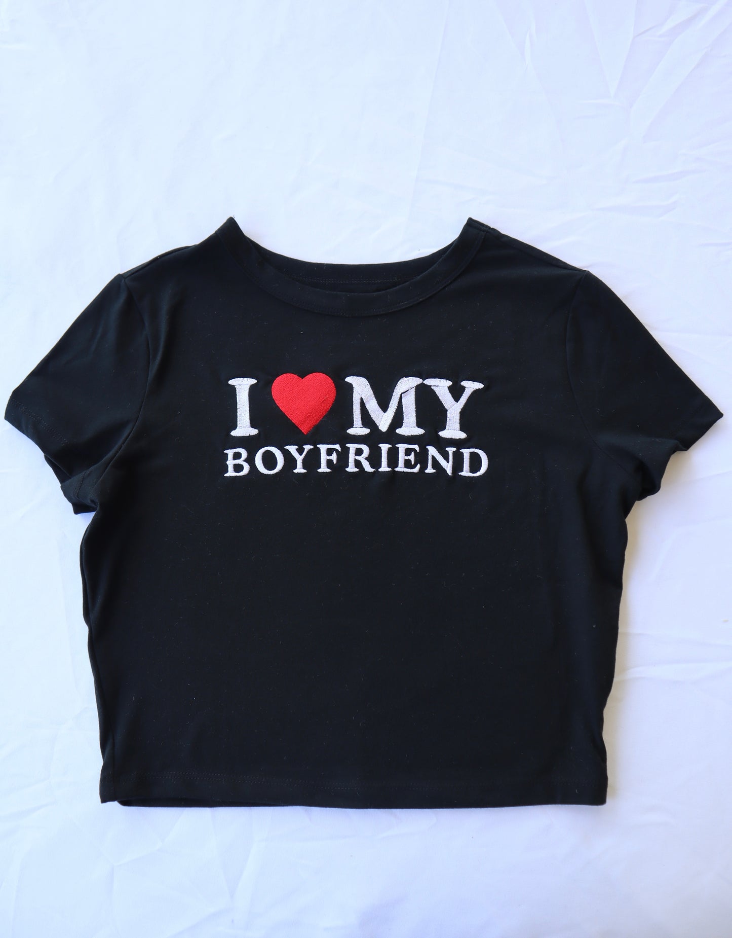 Embroidered ‘I Heart My Boyfriend’ Cropped Short Sleeve T-Shirt, Petite Fit, Adult Female