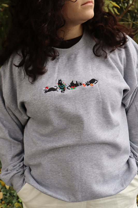 Embroidered "Christmas Cats" Hoodie or Crew Neck, Long Sleeve, Classic fit, Unisex, Adult