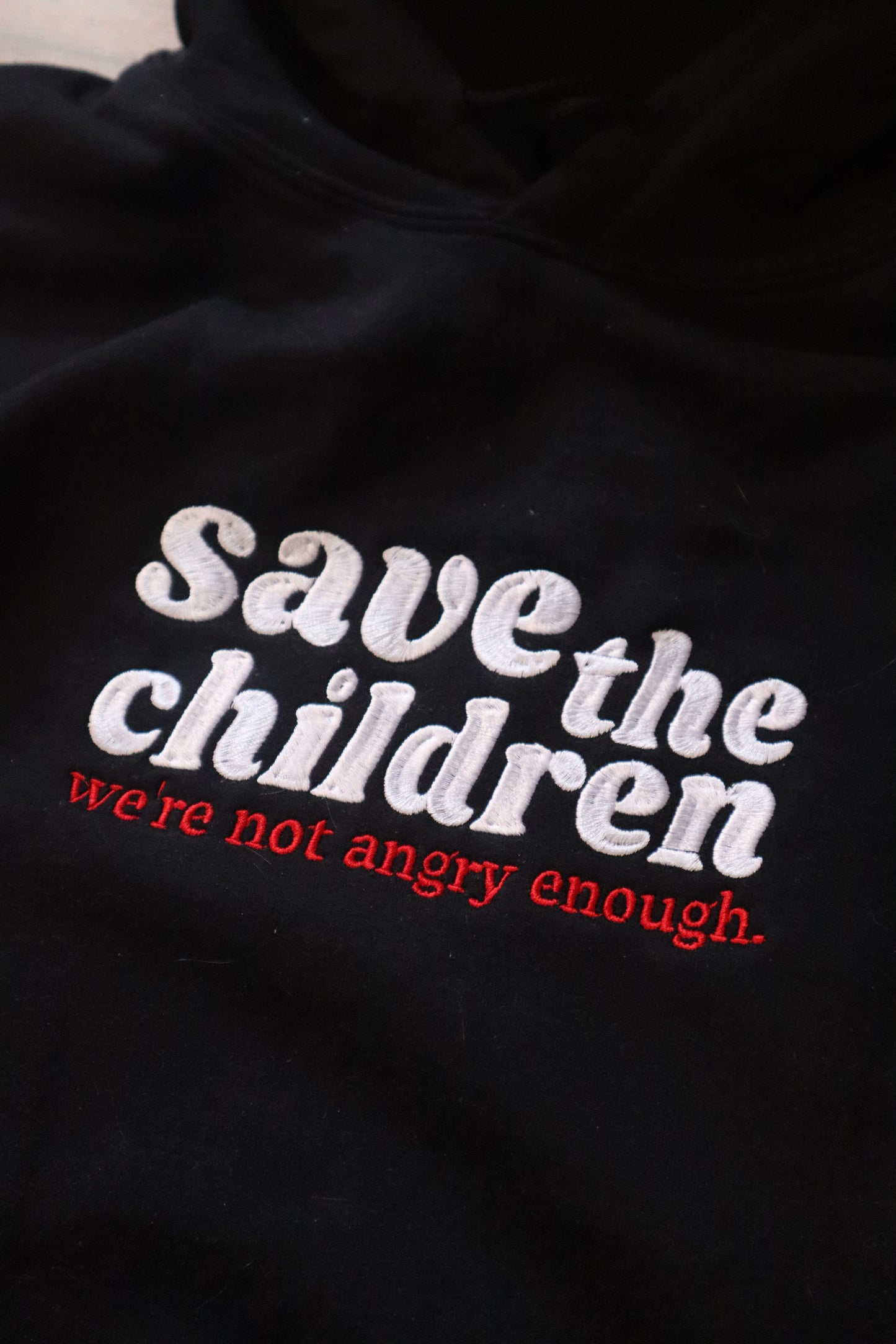 Embroidered 'save the children' Hoodie or Crew Neck, Long Sleeve, Classic fit, Unisex, Adult