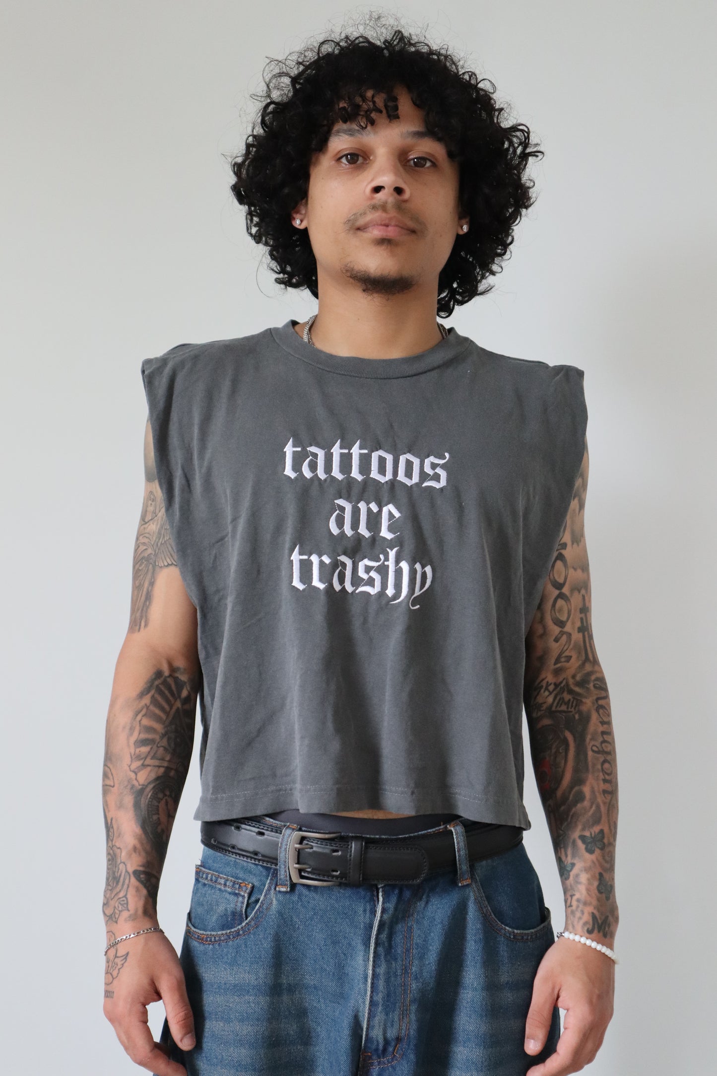 Embroidered Tattoos Are Trashy Cropped Tank Top, Boxy Fit, Unisex, Adult