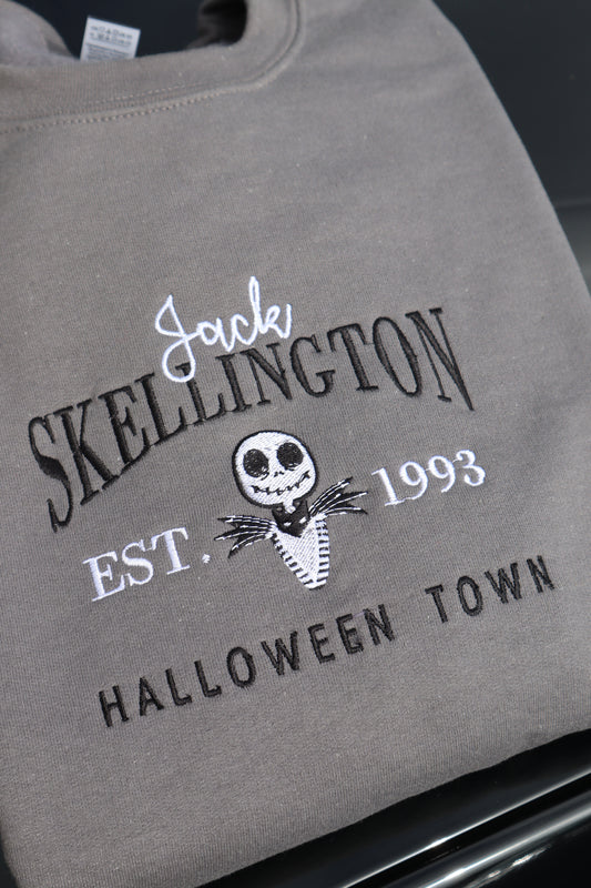 Embroidered 'Jack Skellington Halloween Town' Hoodie or Crew Neck, Long Sleeve, Classic fit, Unisex, Adult