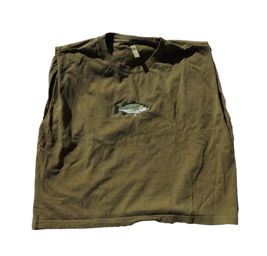 Embroidered Bass Fish Cropped Muscle Tee, Tank Top, Crop Fit, Unisex, Adult