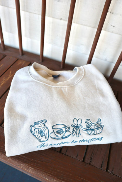 Embroidered I’d rather be thrifting, Hoodie or Crew Neck, Long Sleeve, Classic fit, Unisex, Adult