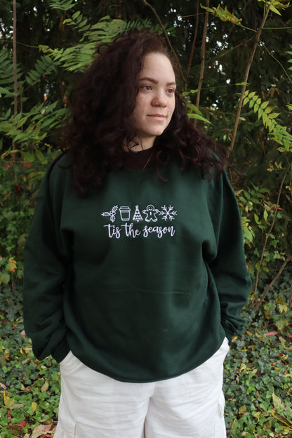 Embroidered Christmas "Tis The Season" Hoodie or Crew Neck, Long Sleeve, Classic fit, Unisex, Adult