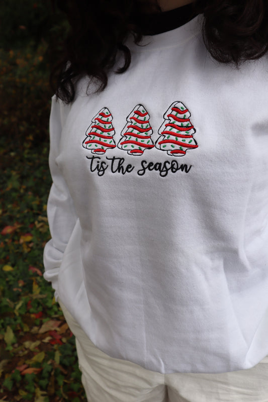 Embroidered "Tis The Season Christmas Tree Debbie Cakes" Hoodie or Crew Neck, Long Sleeve, Classic fit, Unisex, Adult