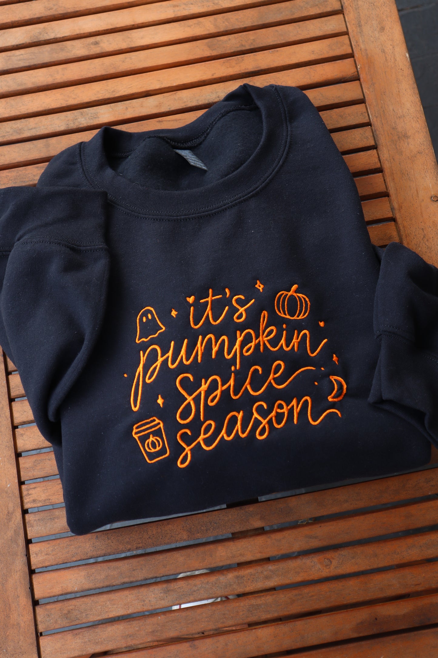 Embroidered It's Pumpkin Spice Season, Fall, Halloween, Hoodie or Crew Neck, Long Sleeve, Classic fit, Unisex, Adult