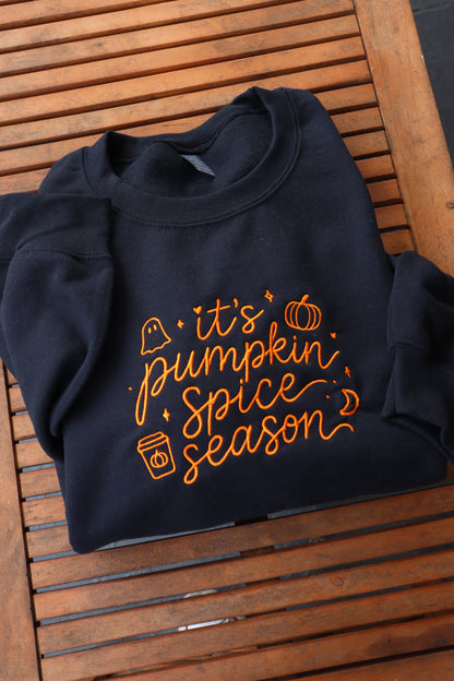 Embroidered It's Pumpkin Spice Season, Fall, Halloween, Hoodie or Crew Neck, Long Sleeve, Classic fit, Unisex, Adult