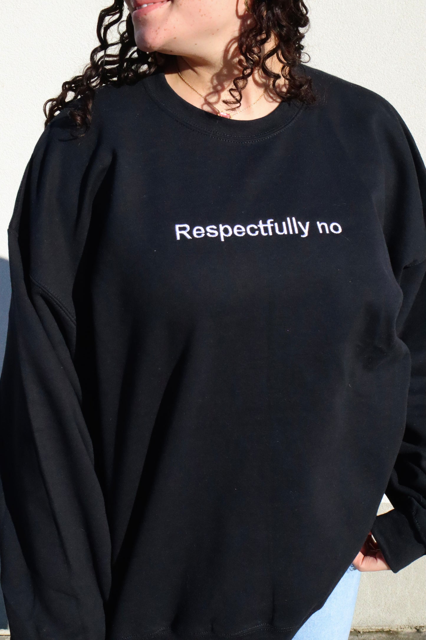 Embroidered 'Respectfully no' Hoodie or Crew Neck, Long Sleeve, Classic fit, Unisex, Adult