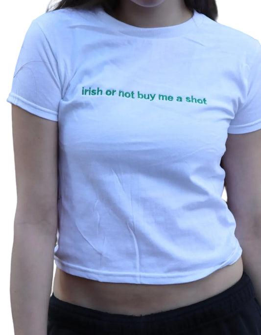 Embroidered WHITE - Irish Saint Patrick's Day Baby Tee, Long Crop Tops - Pick Your Design