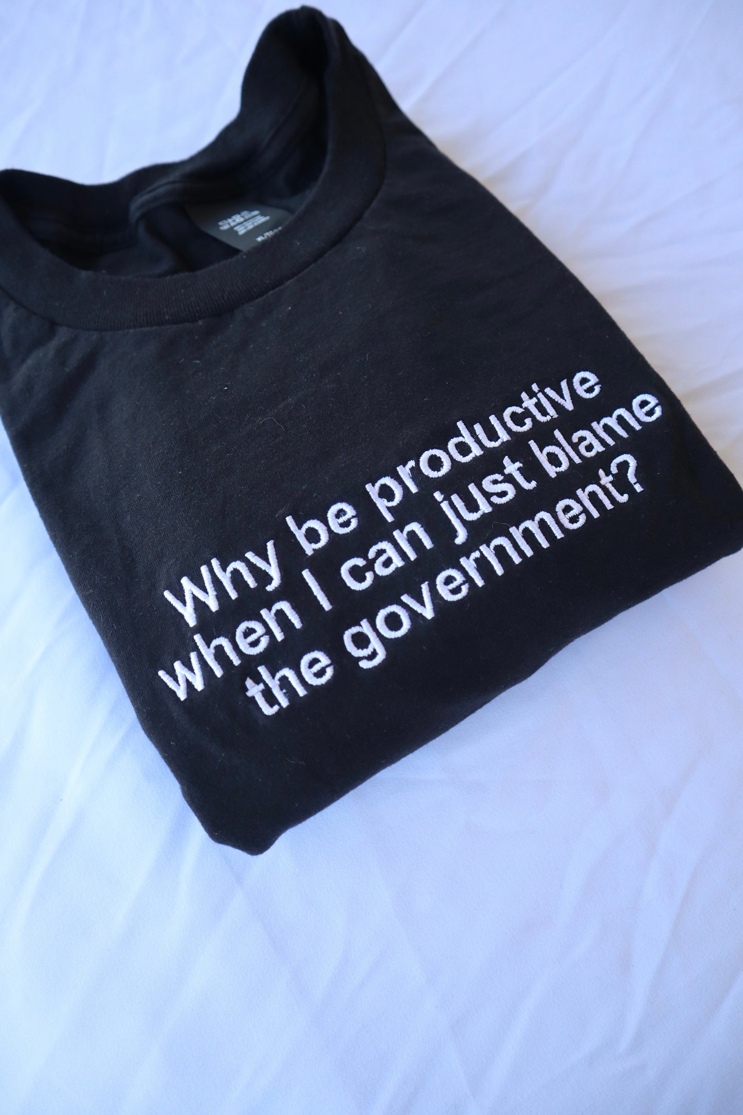 Embroidered Why be productive when I can just blame the government Hoodie or Crew Neck, Long Sleeve, Classic fit, Unisex, Adult