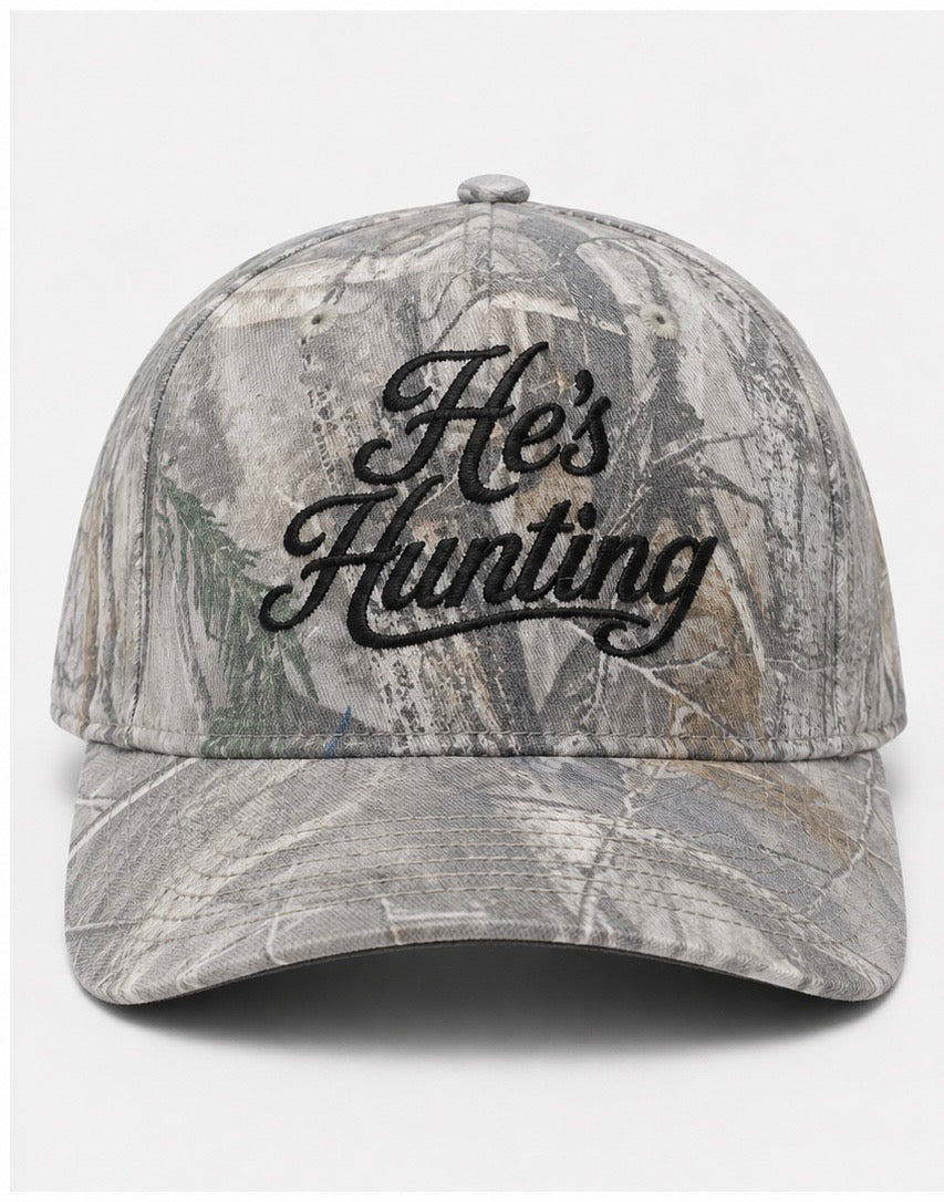 Embroidered He's Hunting Camo Snapback