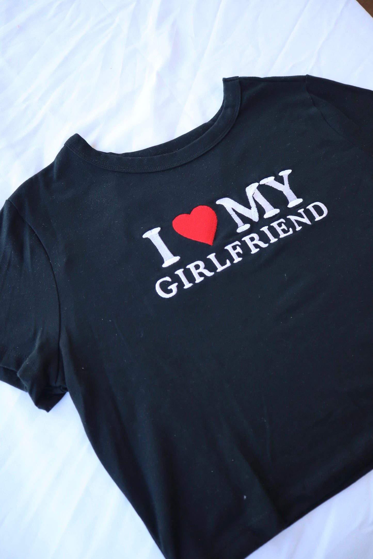 Embroidered ‘I Heart My Girlfriend’ Cropped Short Sleeve T-Shirt, Petite Fit, Adult Female by KDM Vintage