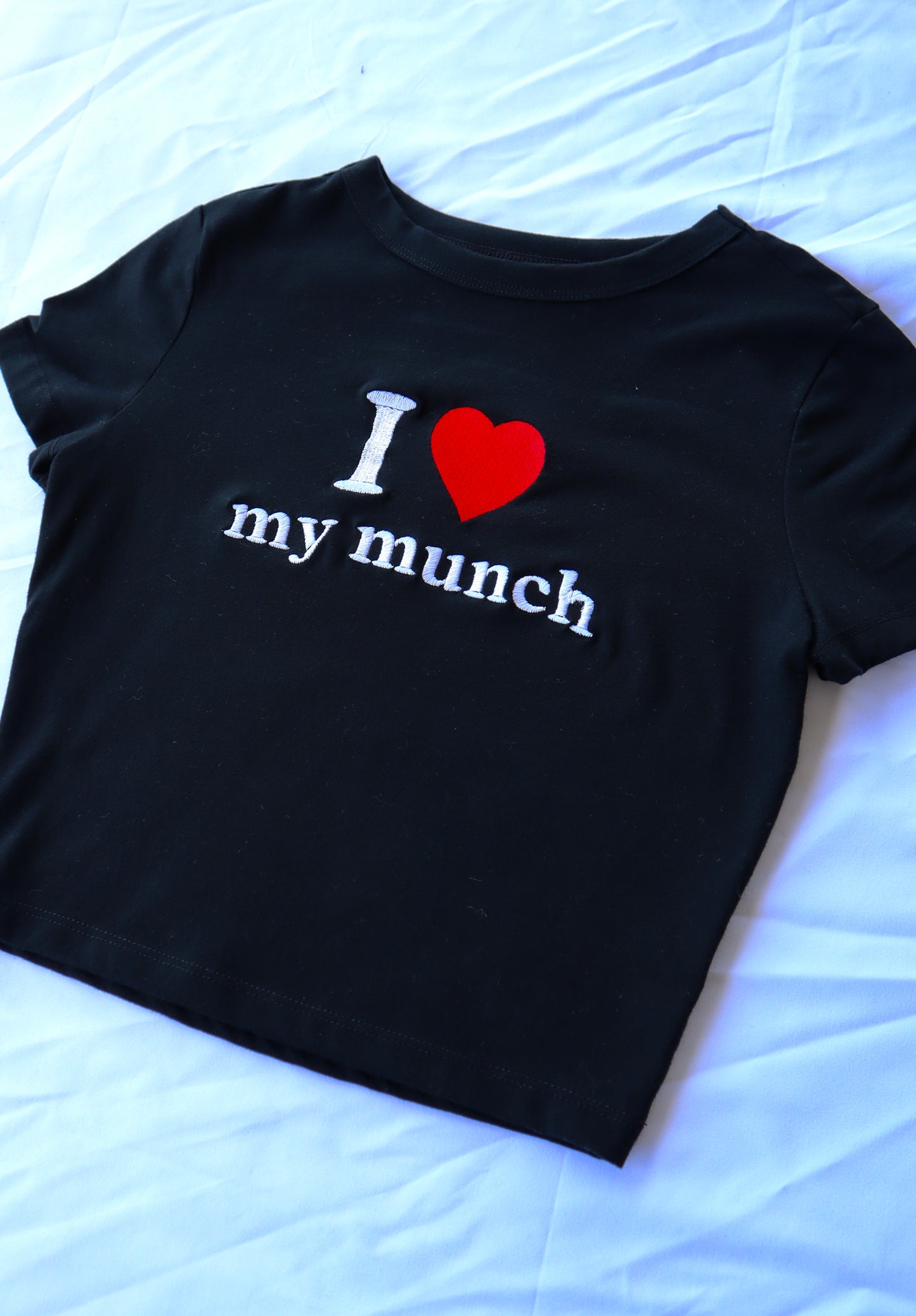 Embroidered ‘I HEART my munch’ Cropped, Short Sleeve, Petite fit, Adult, Female, T-Shirt