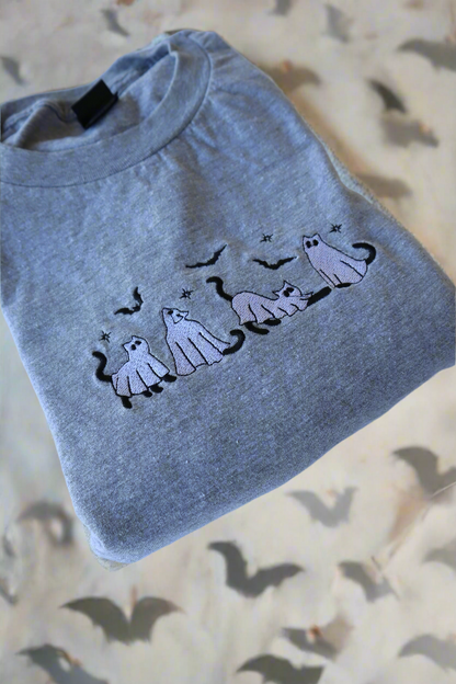 Embroidered 'Ghost Cats'  Hoodie or Crew Neck Long Sleeve, Classic fit, Unisex, Adult
