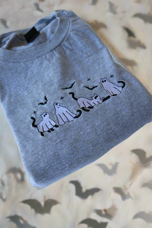 Embroidered 'Ghost Cats'  Hoodie or Crew Neck Long Sleeve, Classic fit, Unisex, Adult