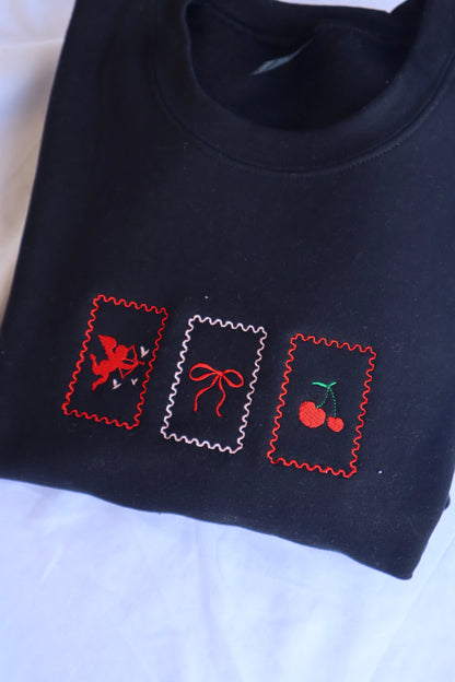 Embroidered Valentine's Day "Valentine's Postage, Angel, Bow, Cherries", Hoodie or Crew Neck, Long Sleeve, Classic fit, Unisex, Adult