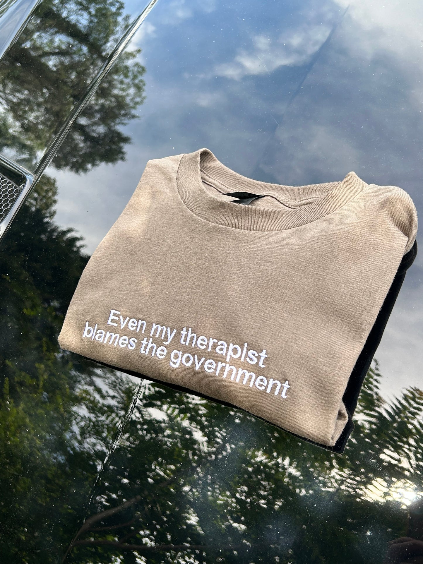 Embroidered Even my therapist blames the government T-Shirt, Short Sleeve, Modern Classic fit, Unisex, Adult