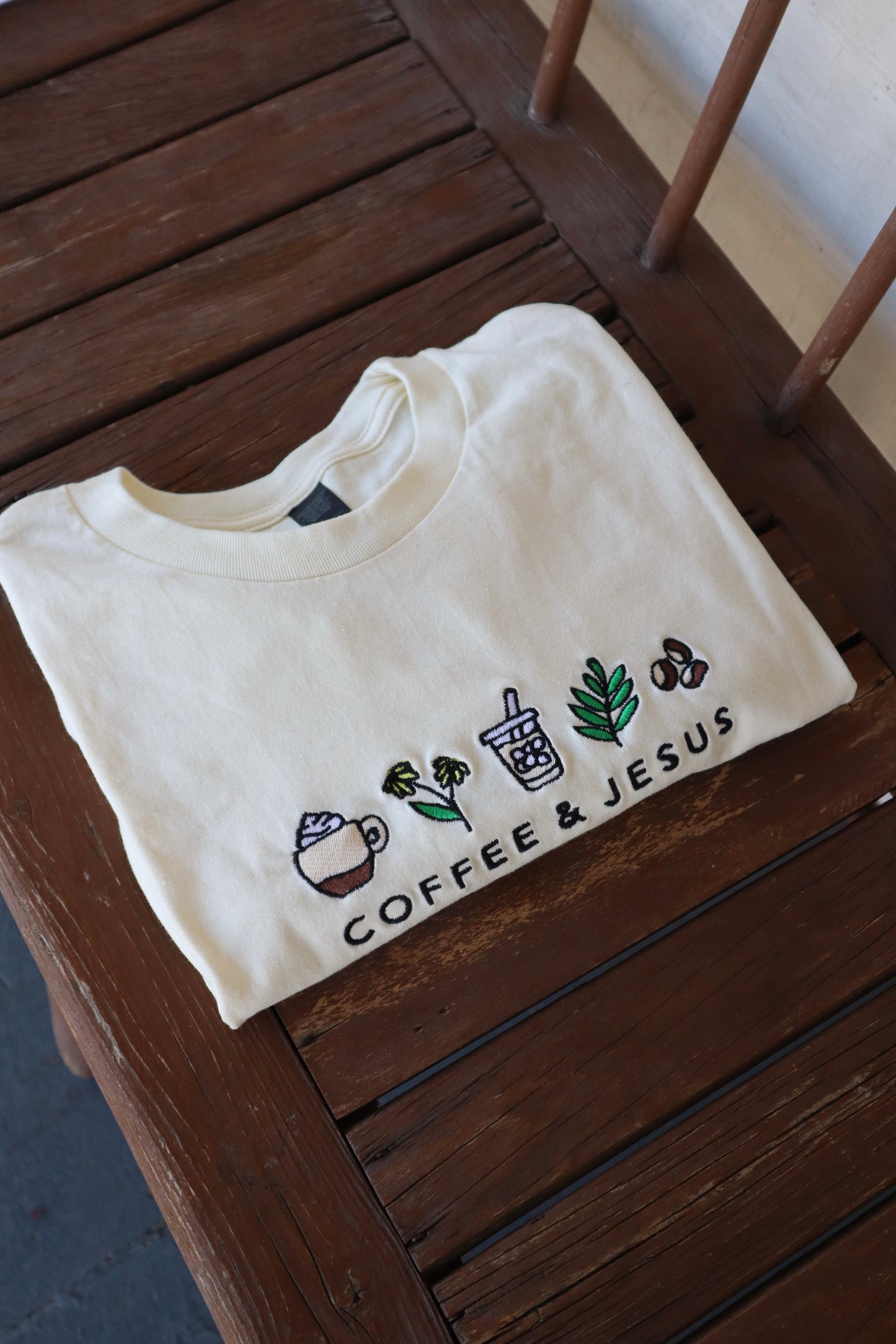 Embroidered Coffee and Jesus, Easter, Short Sleeve, Modern Classic Fit, Unisex, Adult T-Shirt