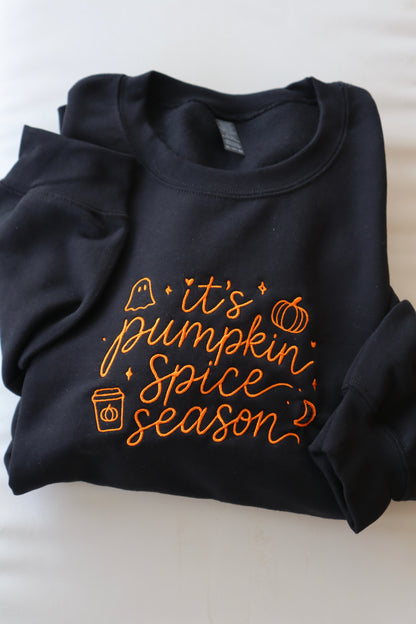 Embroidered It's Pumpkin Spice Season, Fall, Halloween, Hoodie or Crew Neck, Long Sleeve, Classic fit, Unisex, Adult