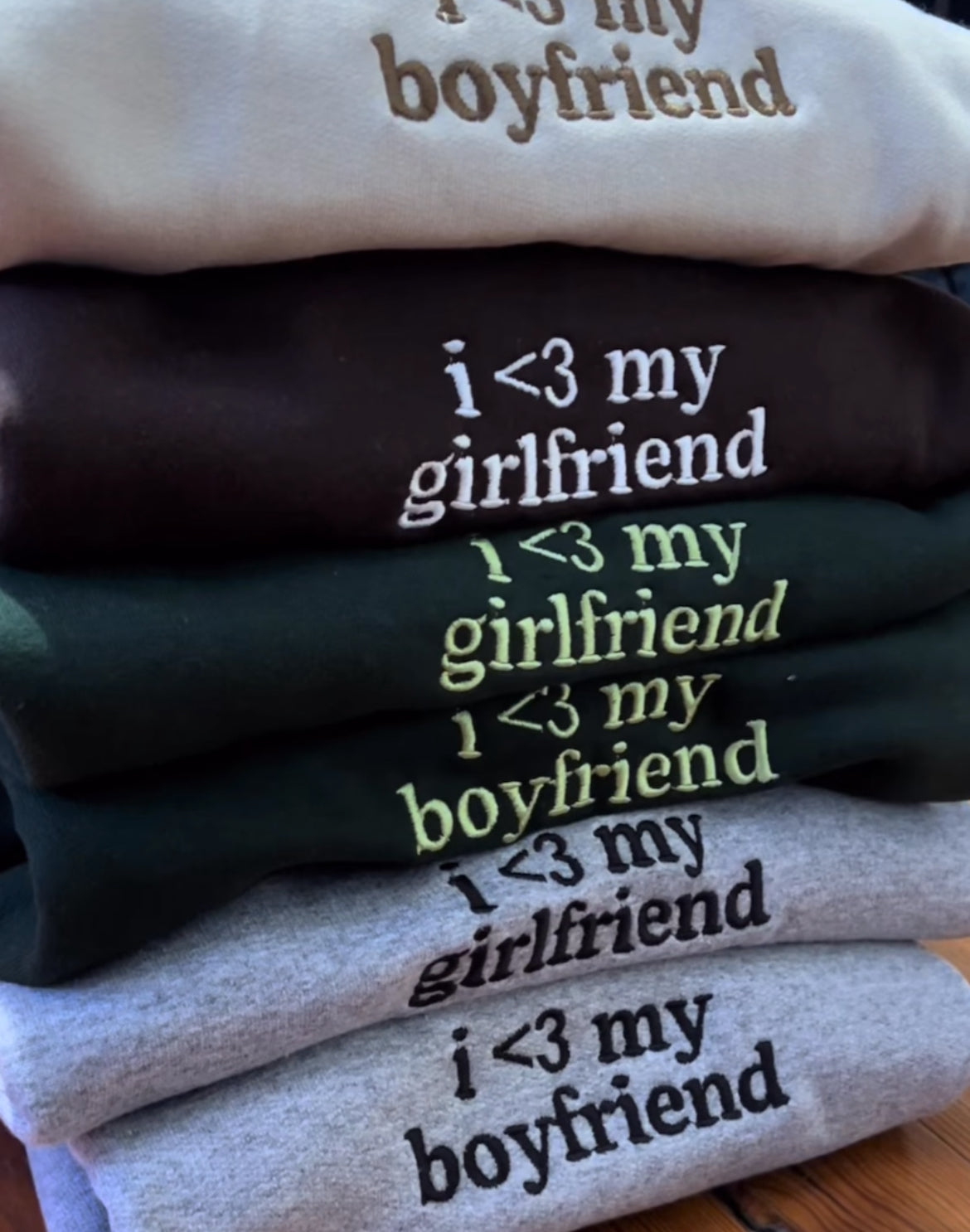 Embroidered 'I Love My Girlfriend or Boyfriend' Hoodie or Crew Neck, Long Sleeve, Classic fit, Unisex, Adult