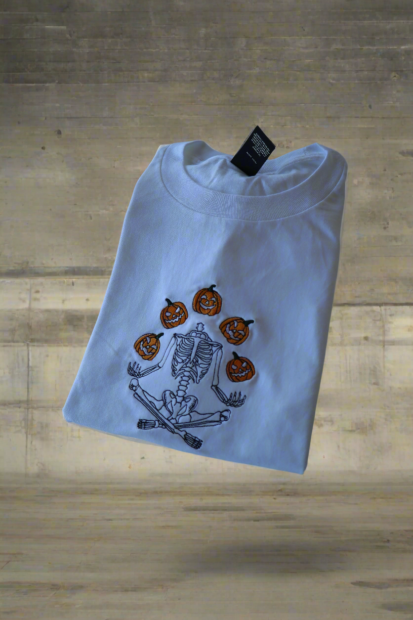 Embroidered 'Skelton Juggling Pumpkin Heads' Hoodie or Crew Neck Long Sleeve, Classic fit, Unisex, Adult
