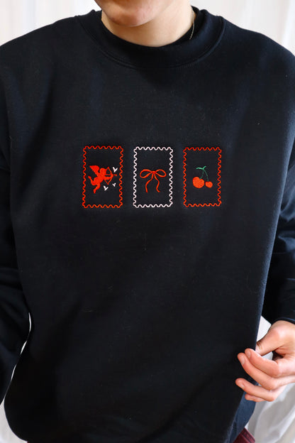 Embroidered Valentine's Day "Valentine's Postage, Angel, Bow, Cherries", Hoodie or Crew Neck, Long Sleeve, Classic fit, Unisex, Adult