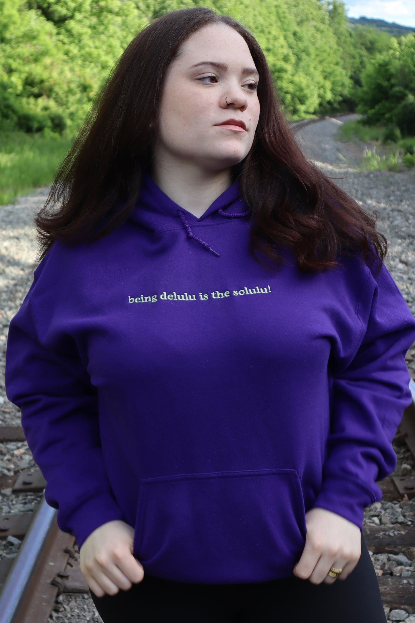 Embroidered 'being delulu is the solulu!' Hoodie or Crew Neck, Long Sleeve, Classic fit, Unisex, Adult