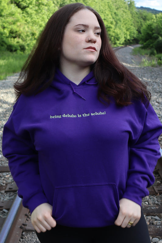 Embroidered 'being delulu is the solulu!' Hoodie or Crew Neck, Long Sleeve, Classic fit, Unisex, Adult
