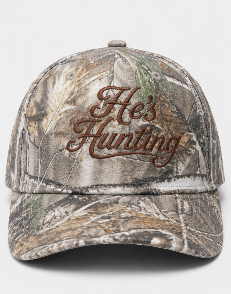 Embroidered He's Hunting Camo Snapback