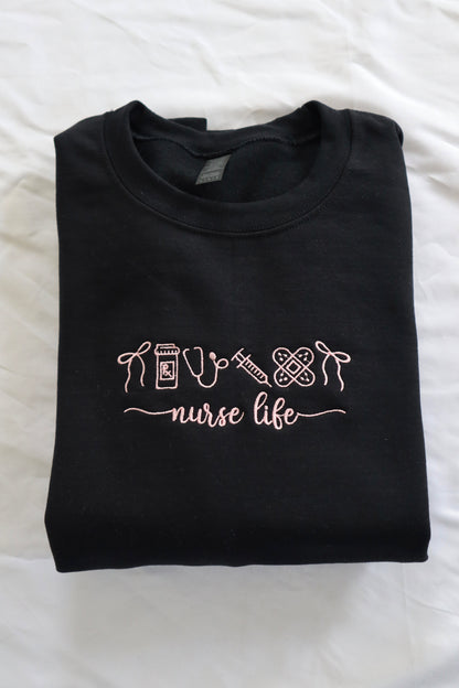Embroidered 'Nurse Life Bow' Hoodie or Crew Neck, Long Sleeve, Classic fit, Unisex, Adult