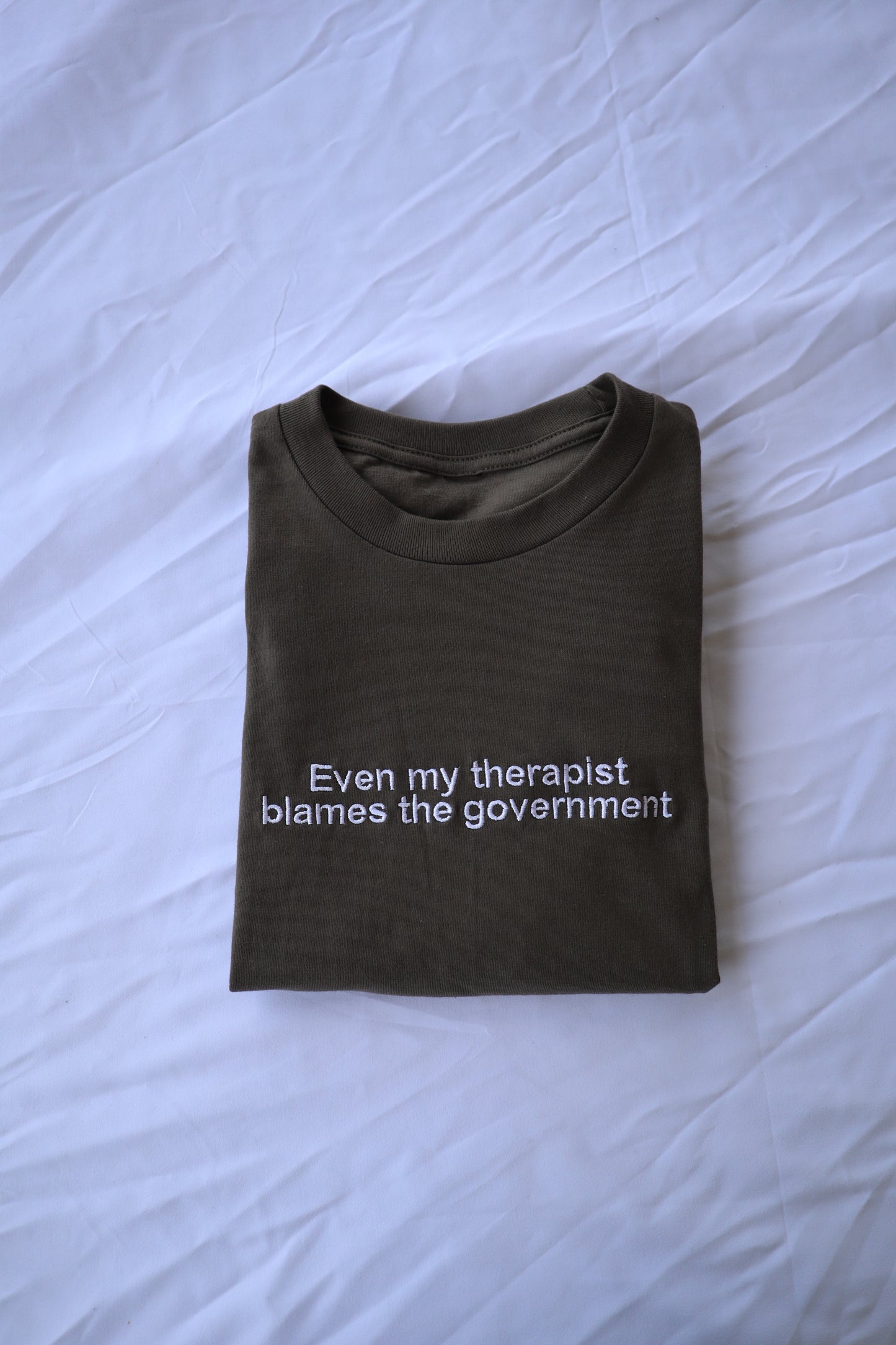 Embroidered Even my therapist blames the government T-Shirt, Short Sleeve, Modern Classic fit, Unisex, Adult