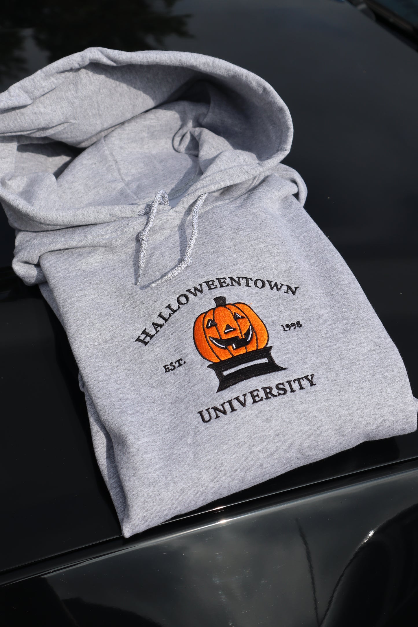 Embroidered 'Halloween University Big Colored Scary Pumpkin Head' Hoodie or Crewneck, Long Sleeve, Classic fit, Unisex, Adult