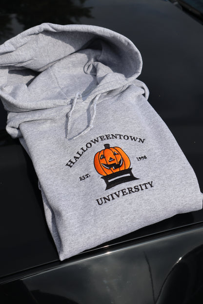 Embroidered 'Halloween University Big Colored Scary Pumpkin Head' Hoodie or Crewneck, Long Sleeve, Classic fit, Unisex, Adult