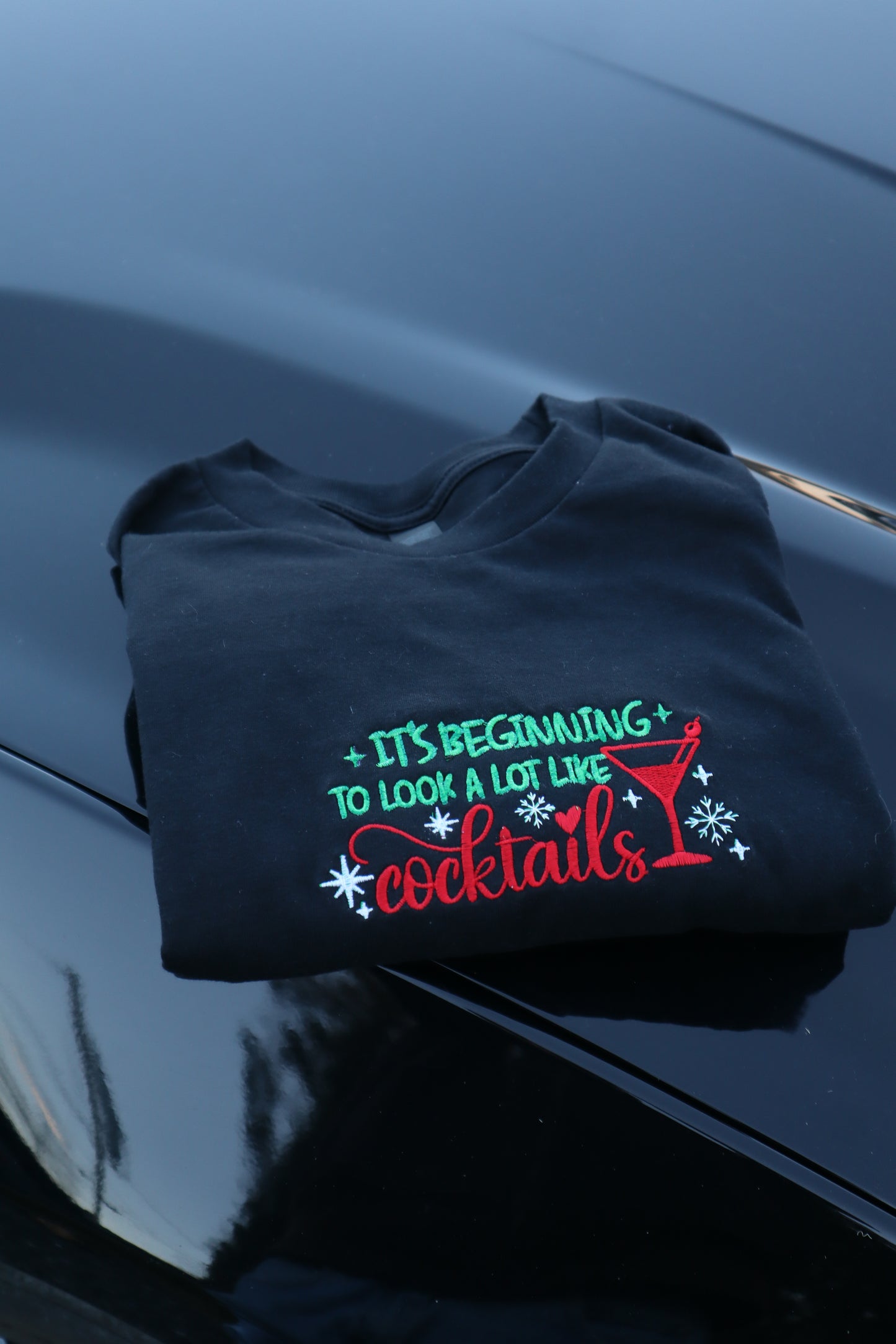 Embroidered “It's Beginning To Look Like Cocktails” Holidays Christmas Hoodies or Crewnecks Unisex · Classic Fit · Long Sleeve · Adult
