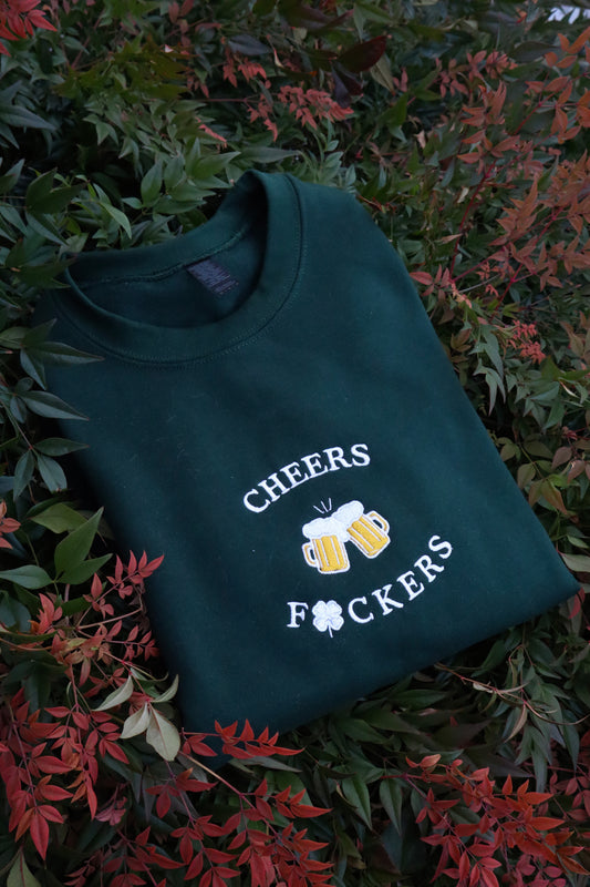 Embroidered Cheers, Saint Patrick's Day, Saint Patty's Day, Clover, Hoodie or Crew Neck, Long Sleeve, Classic fit, Unisex, Adult