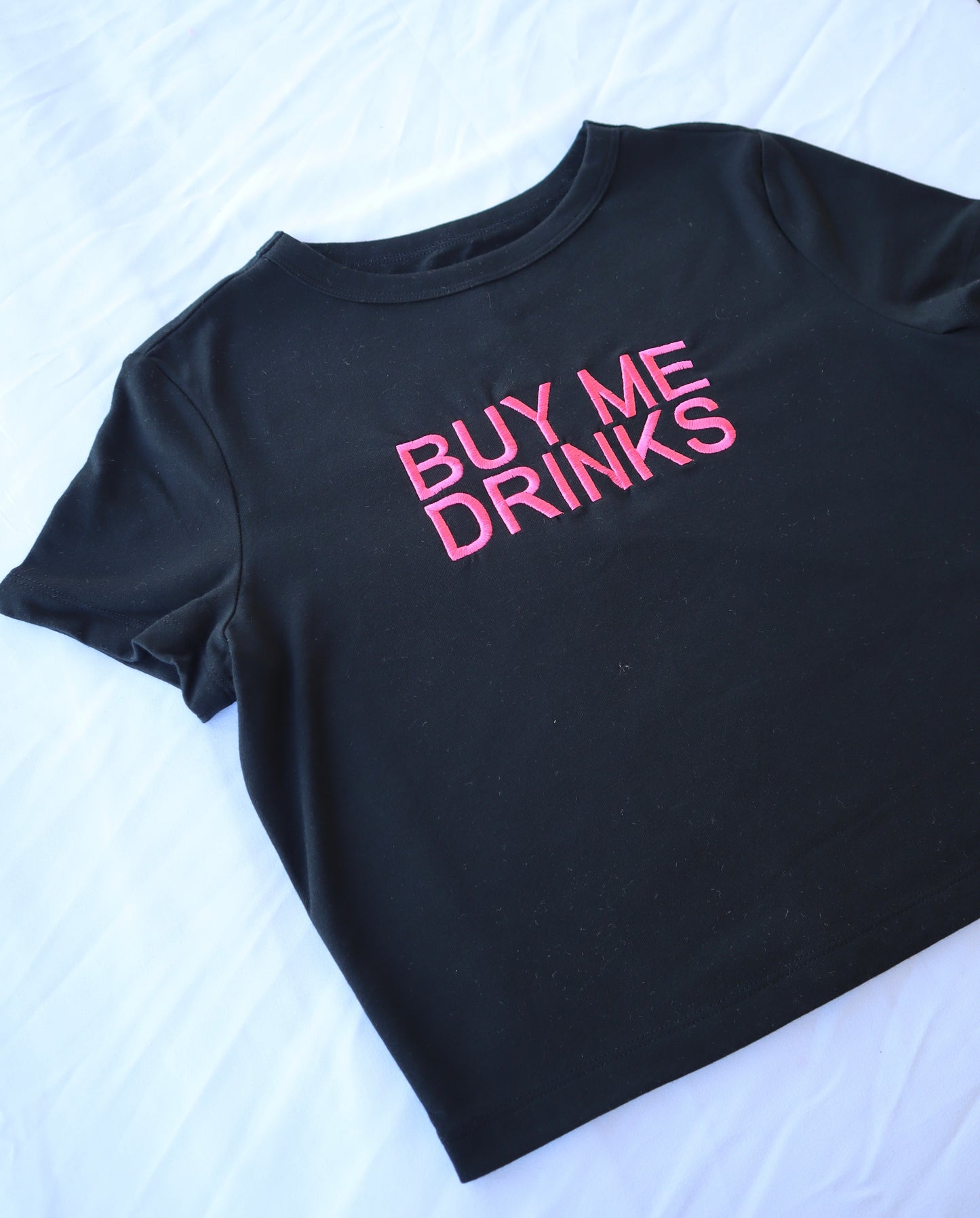 Embroidered ‘Buy Me Drinks’ Cropped, Short Sleeve, Petite fit, Adult, Female, T-Shirt