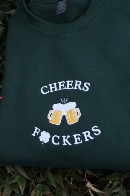 Embroidered Cheers, Saint Patrick's Day, Saint Patty's Day, Clover, Hoodie or Crew Neck, Long Sleeve, Classic fit, Unisex, Adult