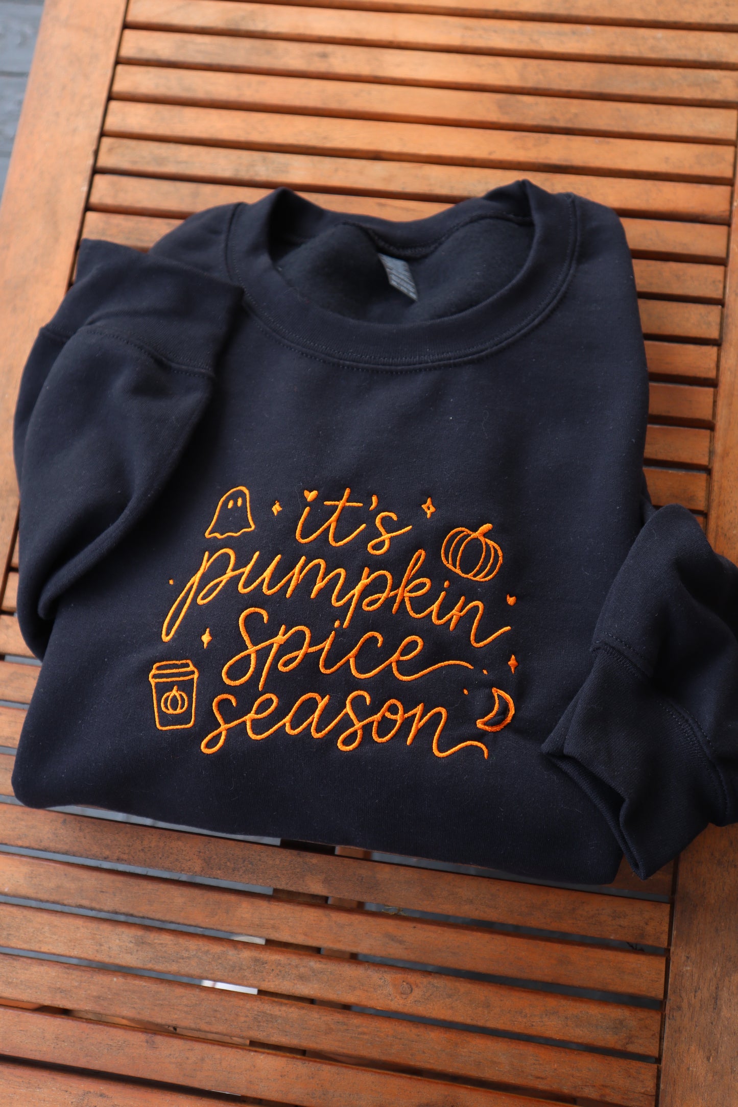 Embroidered It's Pumpkin Spice Season, Fall, Halloween, Hoodie or Crew Neck, Long Sleeve, Classic fit, Unisex, Adult