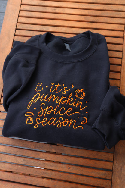 Embroidered It's Pumpkin Spice Season, Fall, Halloween, Hoodie or Crew Neck, Long Sleeve, Classic fit, Unisex, Adult